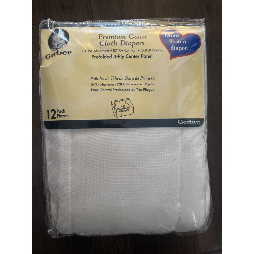 VTG Gerber 12PK Cloth Diapers White Gauze Prefold Premium 3 Ply Center Panel NOS